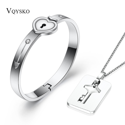 Fashion A Couple Jewelry Sets For Lovers Stainless Steel Love Heart Lock Bracelets Bangles Key Pendant Necklace Couples Set ► Photo 1/6
