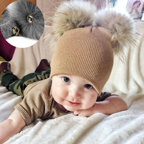 Cute Baby Kids Winter Hat Knitted Warm Double Fur Pompom Caps Beanies Boys Girls Pom Pom hats Children Solid Cap Bonnet Gorro ► Photo 1/6