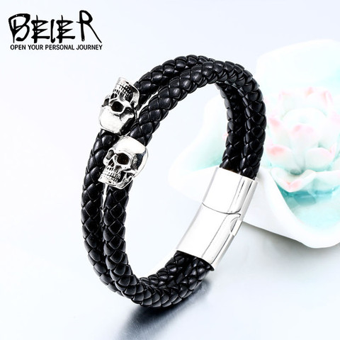 BEIER stainless steel punk skull leather rope bracelet Multiple handchain bangle exquisite jewelry For man party favors BC-L048 ► Photo 1/6