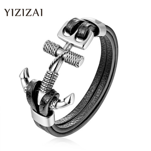 YIZIZAI Genuine Leather Anchor Bracelet Men Lion Double Wolf Shackles Stainless Steel Charm Bracelets Wristband Fashion Jewelry ► Photo 1/6