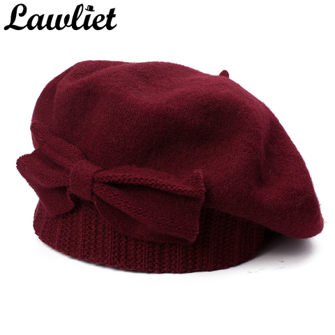 Lawliet Womens Beret Winter Cap 1920s Chic Style 100% Boiled Wool Bow Details Winter Beanie Skullies Basque French Artist Bonnet ► Photo 1/6