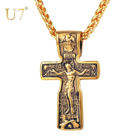 U7 Crucifix Jesus Cross Pendants Necklaces Gold Color Stainless