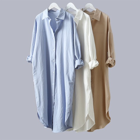 VogorSean Cotton Women Blouse Shirt 2022 Summer New Linen Cottons Casual Plus size Womans Long Section Shirts White/Blue ► Photo 1/6