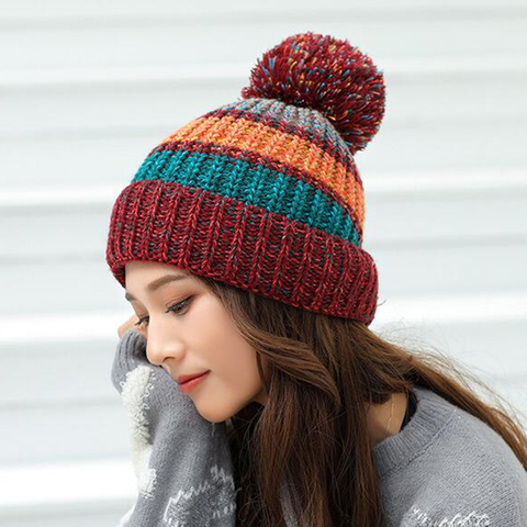 New Winter Hat For Women Ski Women's Cap Rainbow Colorful Wool Knitted Hat With Pompoms Female Warm Hat Skullies Beanies ► Photo 1/6