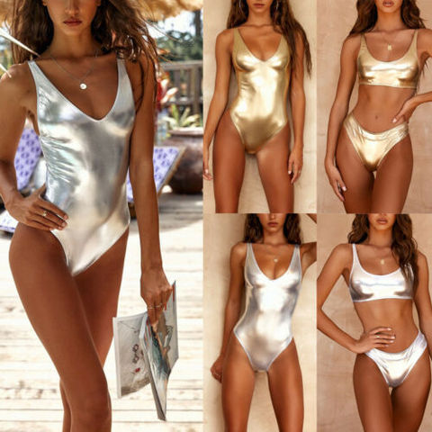 Women Glossy One-piece Bodysuit Swimwear Sexy Sleeveless Backless High Cut  Jumpsuit Swimsuit Bathing Suit Sportswear Beachwear