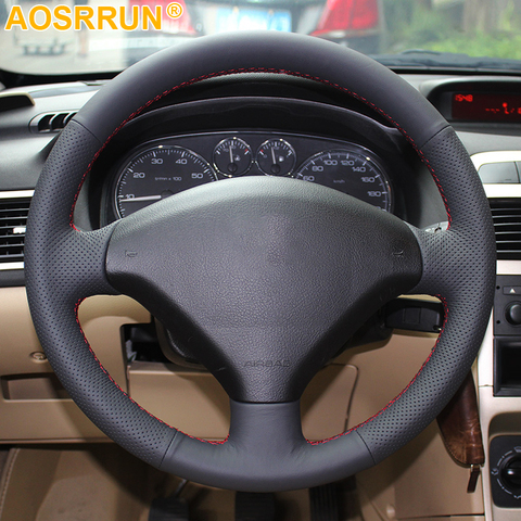 Black Leather Hand-stitched Car Steering Wheel Cover For Peugeot 307 2001-2008 307 SW 2005-2008 ► Photo 1/3