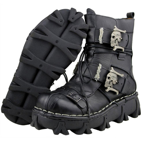 Men's Cowhide Genuine Leather Motorcycle Boots Military Combat Boots Gothic Skull Punk Boots ► Photo 1/6