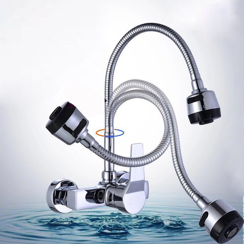 Wall Mounted Stream Sprayer Kitchen Faucet Single Handle Chrome Flexible Hose Kitchen Mixer Taps Dual Holes Free Shipping ► Photo 1/6