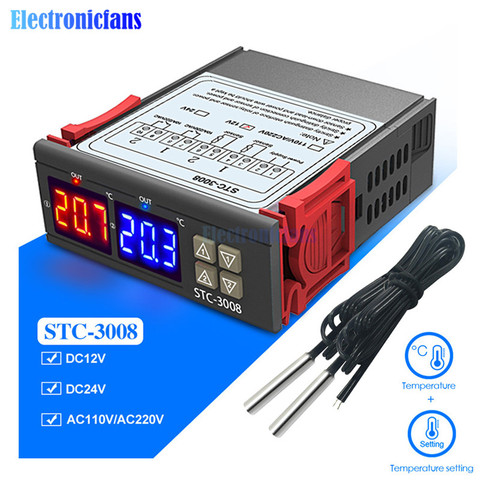 STC-3008 DC 12V 24V AC 110V 220V Dual Digital Temperature Controller  Two Realy Output Thermostat Thermoregulator with Sensor ► Photo 1/6