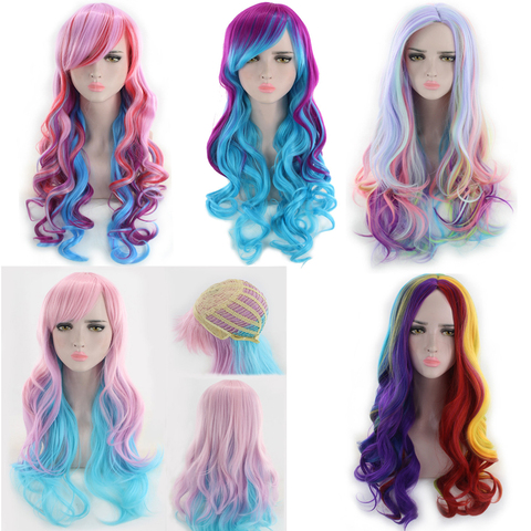 High Quality Harajuku Lolita Long Wavy Rainbow Wig With Bangs Synthetic Hair Cosplay Costume Party Colored Wigs For Women 65cm ► Photo 1/6
