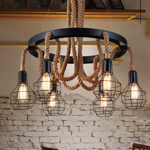 loft vintage retro lamps cage hemp rope lights bar pub club cafe restaurant living room balcony stair aisle pendant lamp ► Photo 1/6