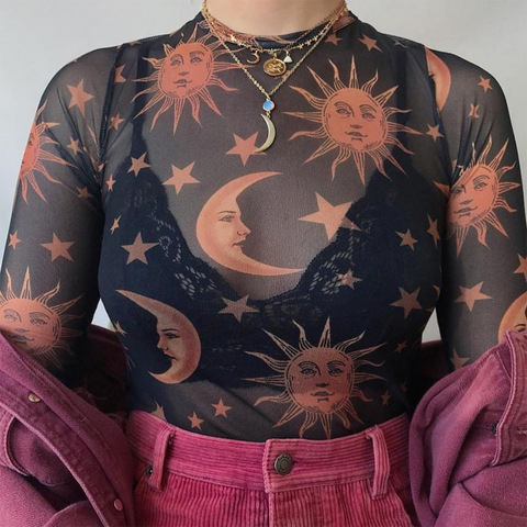 Sun Moon Printed Transparent Mesh Sexy T-Shirt Women O-Neck Long Sleeve Slim Basic Casual Female Tops 2022 Spring New ► Photo 1/6