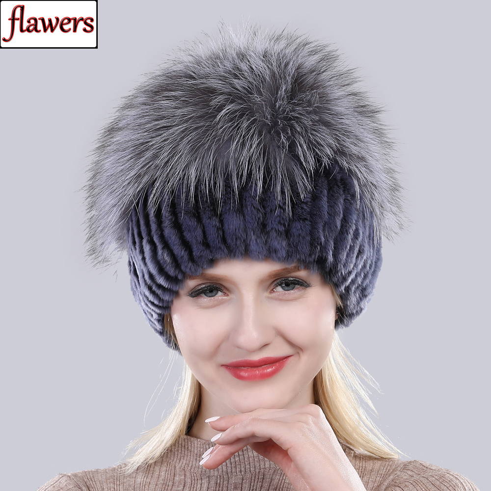 Winter Bomber Hats Rabbit with Silver Fox Fur Ball Knitted Beanies