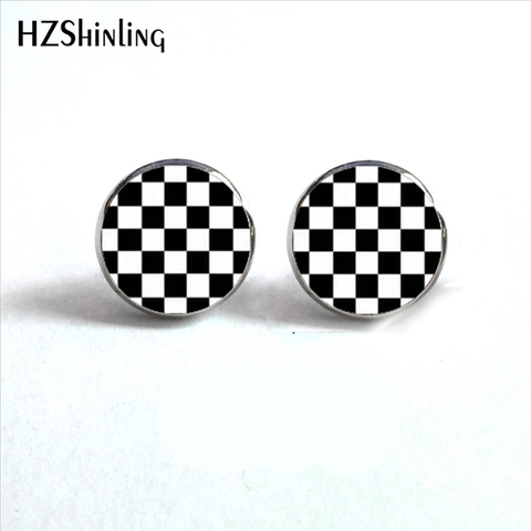 ED-0015 New Design Black and White Checkerboard Stud Earrings Handmade Glass Dome Earring Hypoallergenic Steel Studs HZ4 ► Photo 1/6