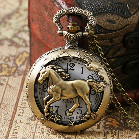 Retro Bronze Hollow Horse Case Design Quartz Pocket Watch With Necklace Chain Pendant Jewelry Gift For Birtday Christmas ► Photo 1/5