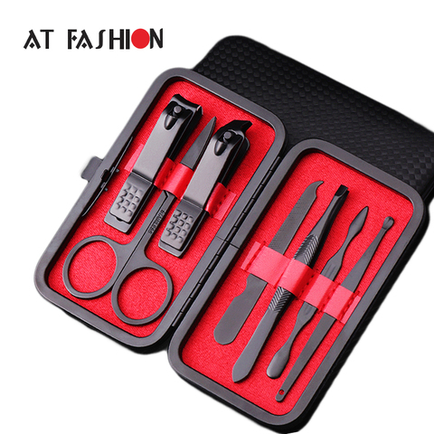 7Pcs Black Stainless Steel Nail Clipper Cutter Trimmer Ear Pick Grooming Kit Manicure Pedicure Scissor Tweezer Nail Tools Set ► Photo 1/4
