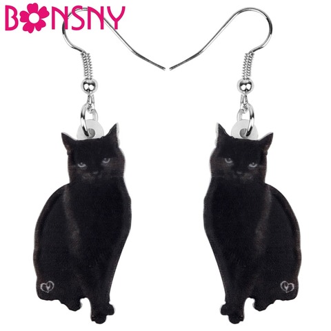 Bonsny Acrylic Cute Black Cat Earrings Drop Dangle Stud Clip Fashion Animal Pet Jewelry For Women Girls Teens Gift Decoration ► Photo 1/5