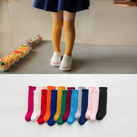 YWHUANSEN 1 Pair Spring  Autumn Winter Cotton Lace Double Needle Children Breathable Socks Solid Baby Girls Knee Socks School ► Photo 1/6