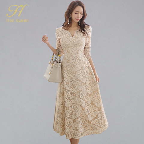 H Han Queen Temperate A-line Lace Dress Women Spring Full Sleeve Long Swing Dresses OL Special Occasion Evening Party Vestidos ► Photo 1/6