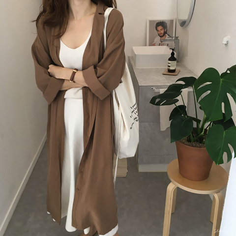 2022 women's summer solid single breasted turn down collar long sleeve bandage cotton thin trench coat female loose windbreaker ► Photo 1/1