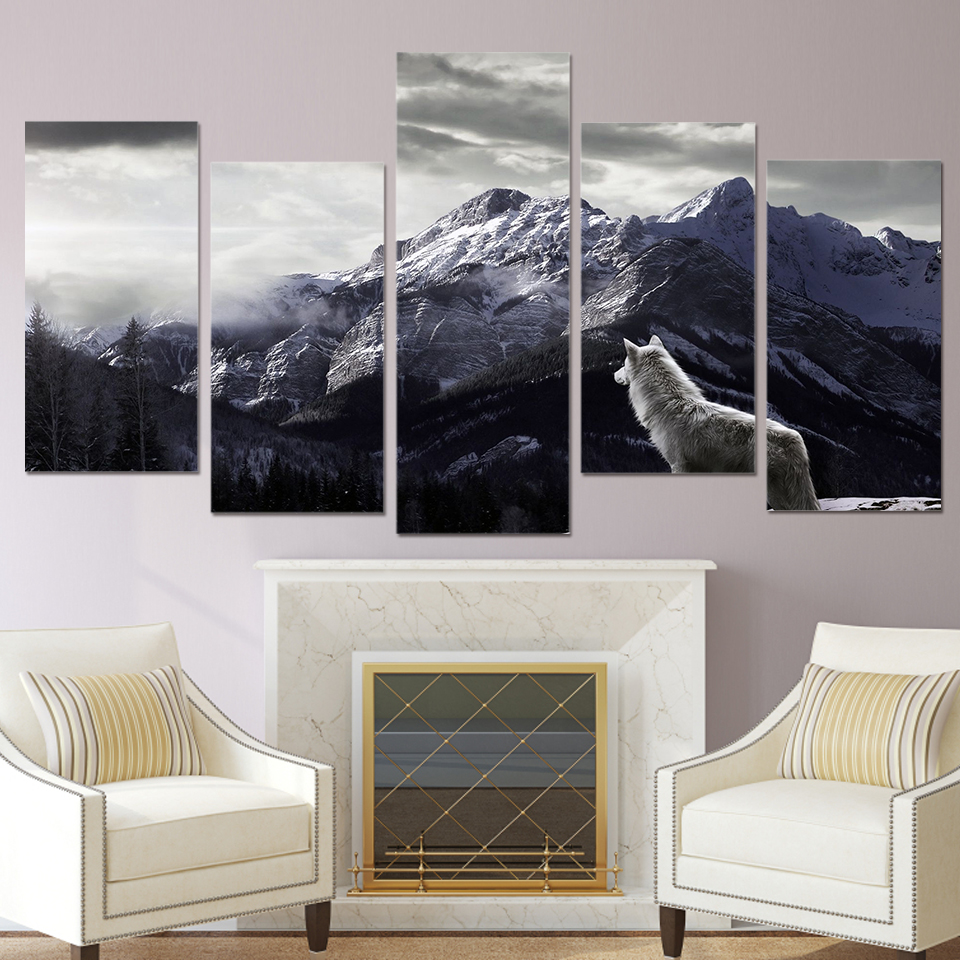 Snow Mountain Wolf Landscape Canvas Poster Wall Art Print Modern Home Decoration 