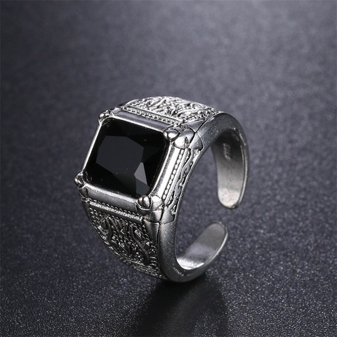 High Quality Black Crystal Retro Flower 925 Sterling Silver Men`s Wedding Rings Jewelry For Man Open Finger Ring No Fade Cheap ► Photo 1/4