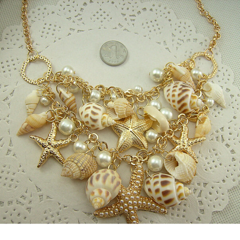 Conch Shell Starfish Simulated pearl Necklace Sweet Fashion Fashion Sea Star Plated Multitiered Necklaces & Pendants For Women ► Photo 1/5