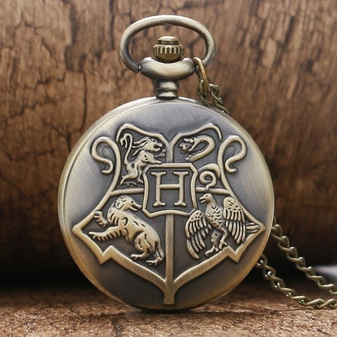 Men's Bronze Stainless Steel Case White Arabic Witchcraft and Wizardry Badge Long Chain Pocket Watch ► Photo 1/4