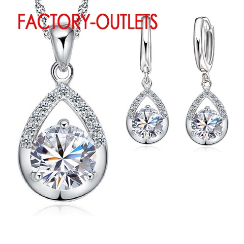 Hot Sale 925 Sterling Silver Bridal Jewelry Sets Romantic Crystal Water Drop Necklaces Hoop Earrings Women Party Engagement ► Photo 1/4