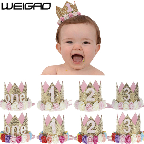 WEIGAO 1pcs 1 2 3 Birthday Caps Flower Crown 1st Birthday Hat Newborn Baby Birthday Headband 1 Year Birthday Party Decorations ► Photo 1/6