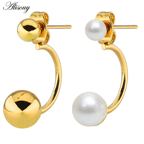 Alisouy 2pcs Fashion Women Double Pearl Balls Earring Studs Gold Silver Color Stainless Steel Round Hook Stud Earrings Jewelry ► Photo 1/6