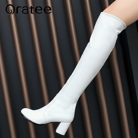 2022 Women Over The Knee High Boots Ashion Pu Leather Square High Heel Pointed Toe Women Motorcycle Boots Size 34-43 ► Photo 1/6