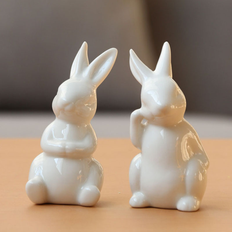 Ceramic Cute Gold White Rabbit Fox Figurines Porcelain Table Home Decoration 