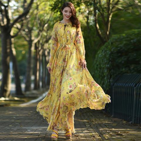 2022 chiffon Floral Long Sleeve maxi dress bohemia dress full plus size celebrity/graduation/Dinner Dress Flowy Beach Sundress ► Photo 1/6