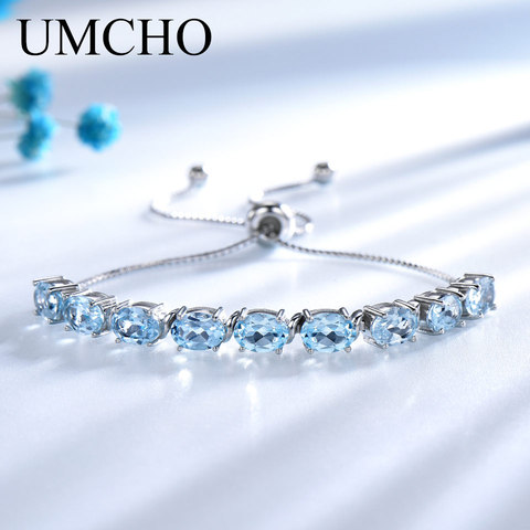 UMCHO Genuine Natural Sky Blue Topaz Bracelets & Bangles Real 925 Sterling Silver Bracelet For Women Free Expansion Fine Jewelry ► Photo 1/5