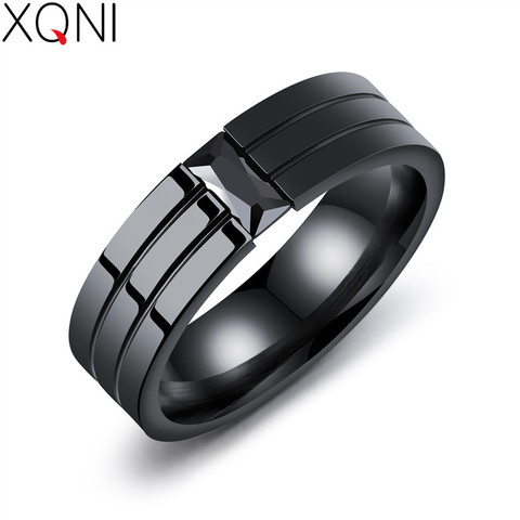 XQNI Full Black Stainless Steel Rings For Men With Zircon & Groove Design 6MM Width Male Boy Ring Jewelry Birthday Party Gift ► Photo 1/6