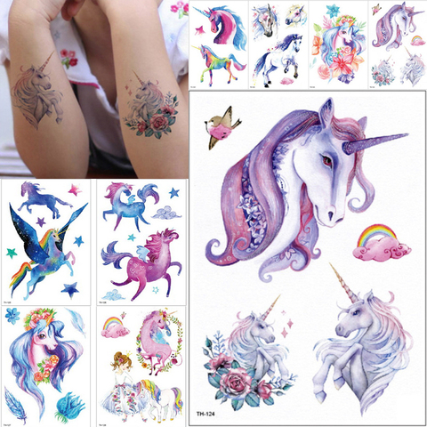 New Cartoon Blue Unicorn Fairy Tales Temporary Tattoo For Children Kids Waterproof Flash Tattoo Sticker Girl Baby Body Art Horse ► Photo 1/6