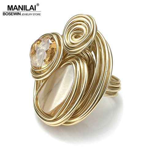 MANILAI Boho Handmade Big Champagne Crystal Rings For Women Fashion Jewelry Gold Color Wire Helical Wound Beads Finger Ring ► Photo 1/6