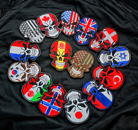 Skull National Flag Embroidery Patches USA Spain France Turkey 9x6cm DIY Appliques Accessory Hook and Loop ► Photo 1/5