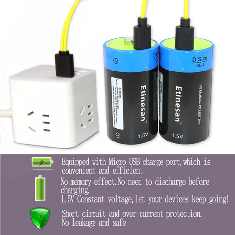 Etinesan 1.5V 9000mWh Lithium ion Li-polymer D Size Rechargeable USB Battery D type for Flashlight water heater ect. ► Photo 1/6