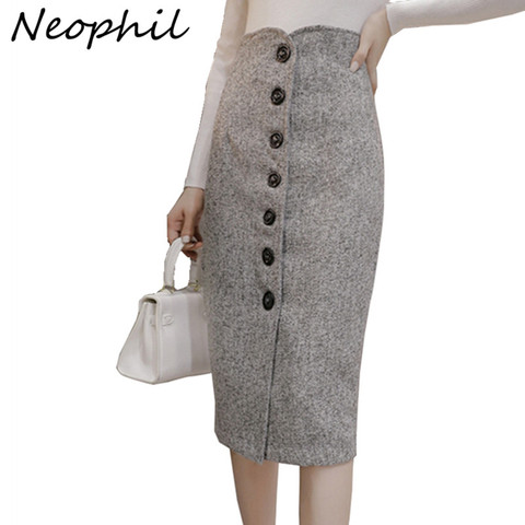 Neophil High Waist Woolen Button Pencil Midi Skirts Office Ladies Office Elegant Grey 2022 Winter Wool Wrap Skirts Faldas S1738 ► Photo 1/6