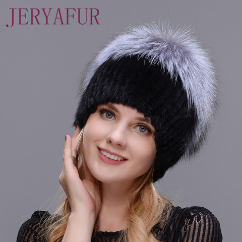 Hot Sale Fashion mink fox hat Winter Warm Women Knitting Caps Mink hats Vertical weaving with FOX Fur On The Top ► Photo 1/6