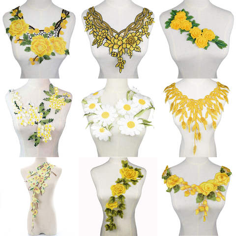 1Pc 3D Embroidered Fabric Yellow Rose Flower Venise Lace Sewing Applique Lace Collar Neckline Collar Applique Accessories ► Photo 1/5