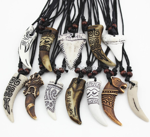Wholesale 12pcs Mixed Cool Imitation Bone Carved Dragon Totem Shark/Wolf Tooth Pendant Necklace Amulet MN465 ► Photo 1/6