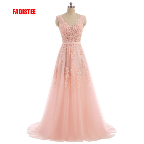 FADISTEE Vestido De Festa Sweet pink Lace V-neck Long Evening Dress Bride Party Sexy Backless beads pearls Prom Dresses lace-up ► Photo 1/6