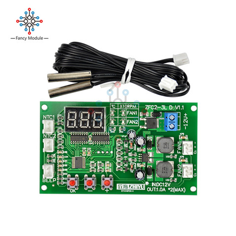 DC 12V Dual 3-wire Fan LED Intelligent Digital Temperature Thermostat Governor Speed Controller Switch Module NTC Sensor Control ► Photo 1/1