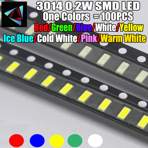 100pcs New 3014 0.2W 3.0 * 1.4 MM 2.0-3.2V Red/Green/ICE Blue/White/Yellow Ice Blue/Cold White/Pink/Warm White SMD LED kit ► Photo 1/1
