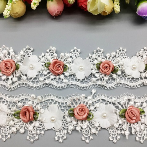 10X Soluble Pearl Rose Flower Wave Embroidered Mesh Lace Trim Ribbon Fabric Sewing Craft For Costume Wedding Dress Decoration ► Photo 1/6
