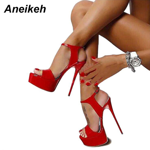Aneikeh Hot Sales 2022 Summer Style Sexy 16cm Women Sandals High Heels Open Toe Buckles Nightclub Party Shoe Black Big Size 9 ► Photo 1/6