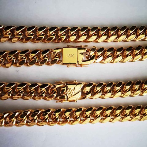 14mm Stainless Steel Miami Curb Cuban Chain Necklace Boys Men gold color Hip hop Dragon Lock Clasp Link jewelry 18 K bracelet ► Photo 1/6